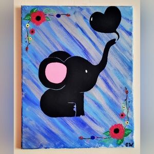 Baby Elephant Canvas Painting with Floral Accents